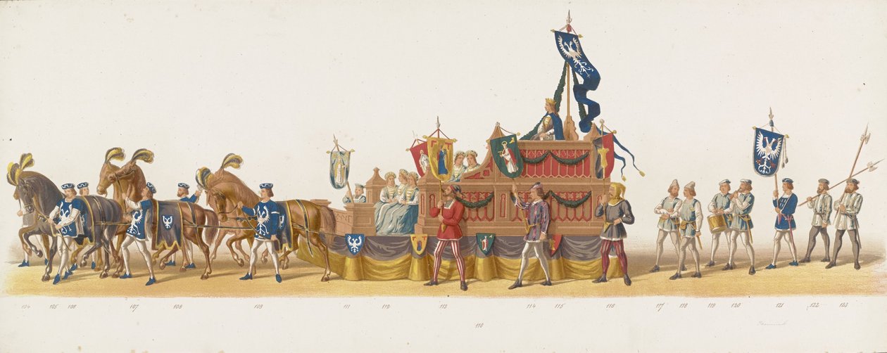 Delft procissão de 1873 (oitava placa) Procissão fantasiada realizada pelos membros do Delft Student Corps em 8 de julho de 1873, representando a entrada de Karel van Egmond, Duque de Gelre, Conde de Zutphen, em Arnhem em 1492 (série de Anonymous