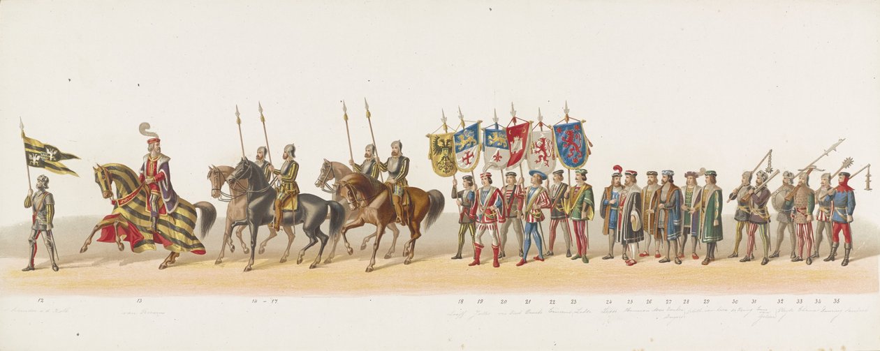 Procissão delft de 1873 (segunda placa)
Desfile de trajes realizado pelos membros do Corpo de Estudantes de Delft em 8 de Julho de 1873, representando: a entrada de Carlos de Egmond, Duque de Gelre, Conde de Zutphen, em Arnhem em 1492 (série t de Anonymous