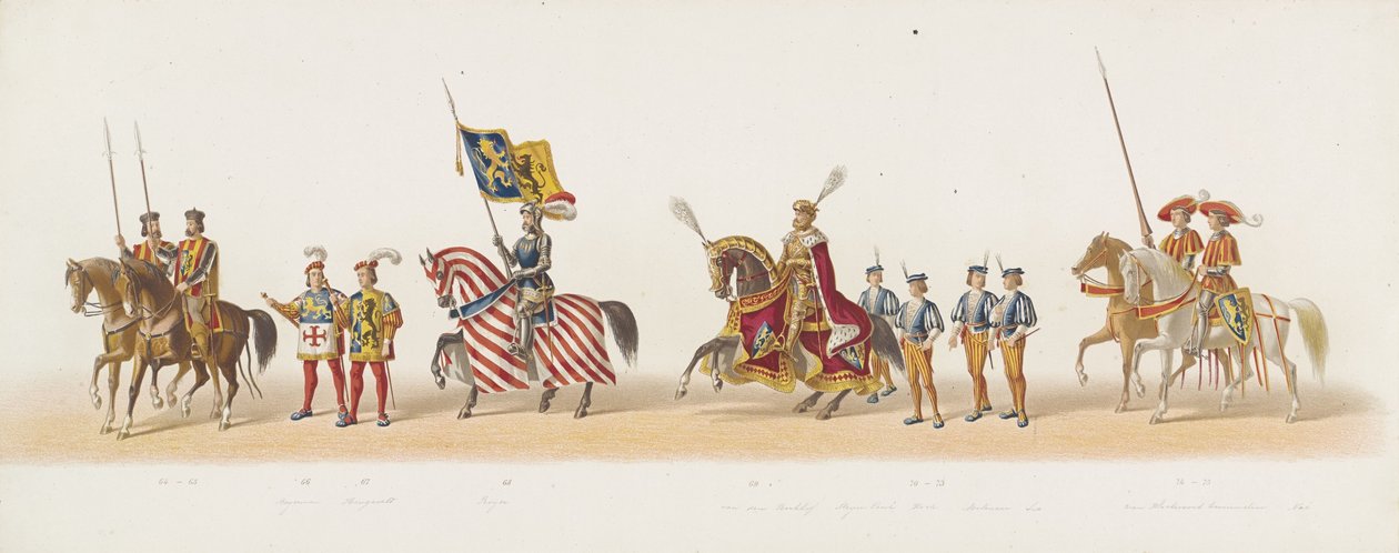 Delft procissão de 1873 (quinta placa) Procissão fantasiada realizada pelos membros do Delft Student Corps em 8 de julho de 1873, representando a entrada de Karel van Egmond, Duque de Gelre, Conde de Zutphen, em Arnhem em 1492 (série t de Anonymous