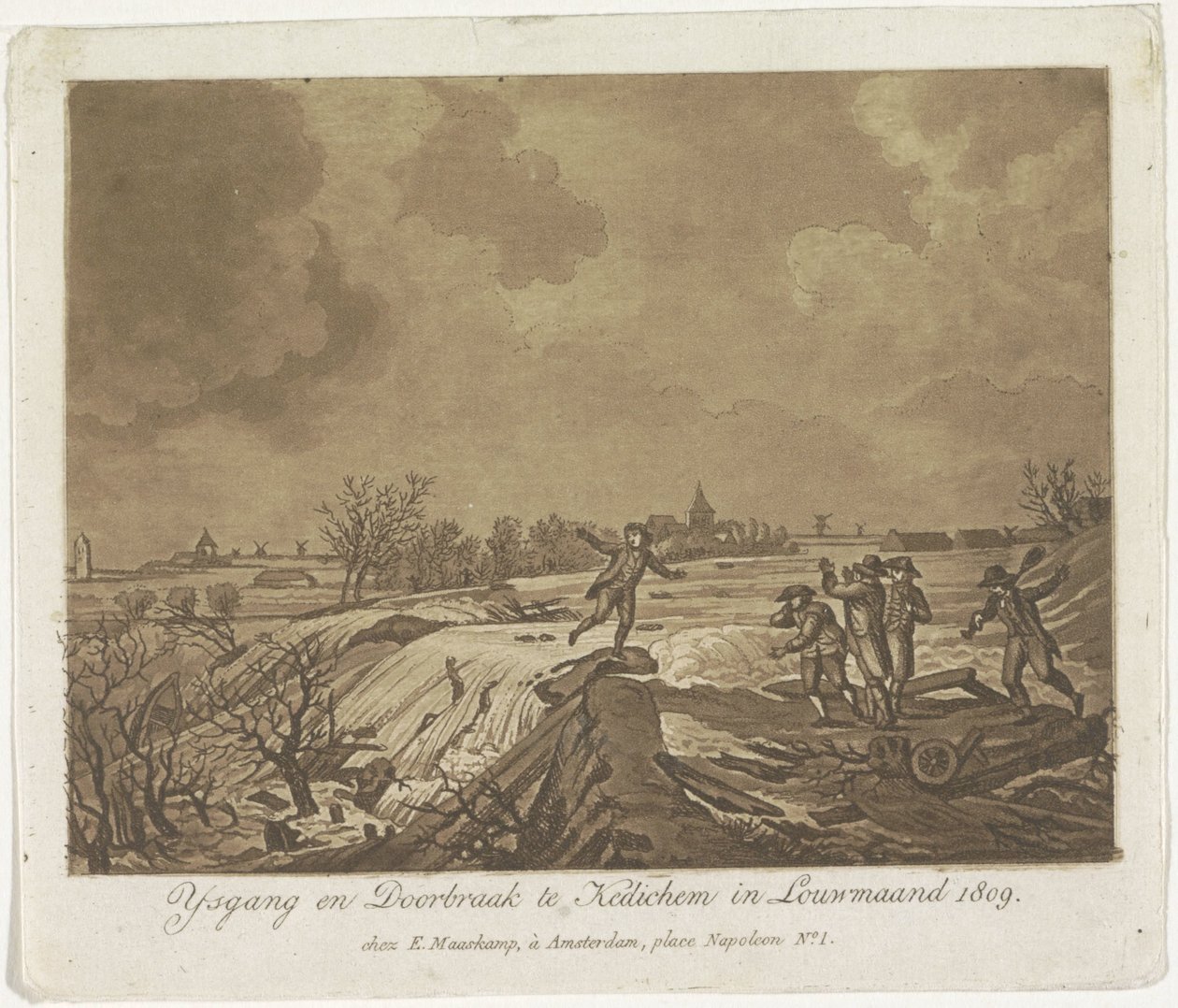 Rompimento do dique em Kedichem, 1809 Ysgang e Doorbraak te Kedichem em Louwmaand 1809 (título no objeto) de Anonymous