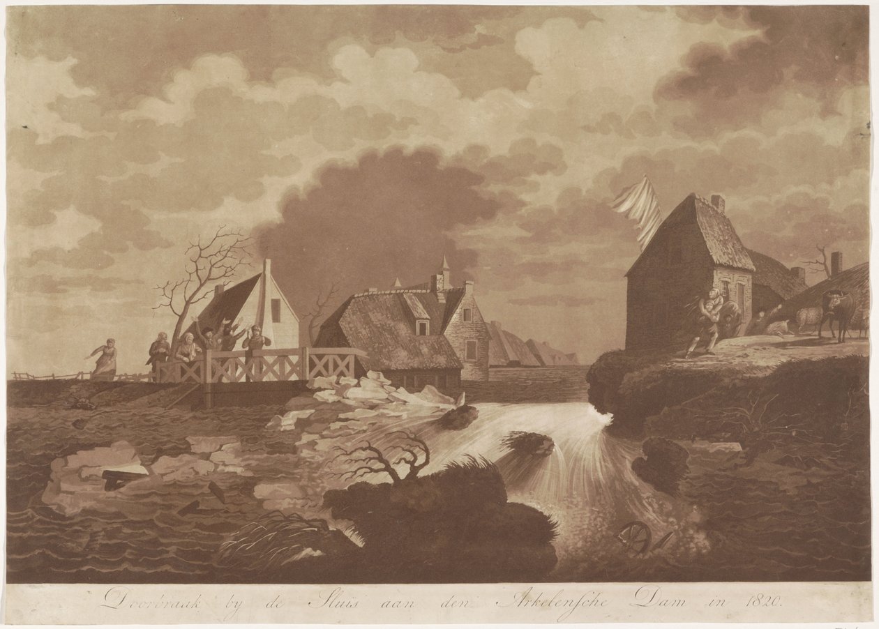 Avanço da barragem de Arkelse perto de Gorinchem, 1820 Descoberta na barragem de Sluis aan den Arkelsche em 1820 (título no objeto) de Anonymous