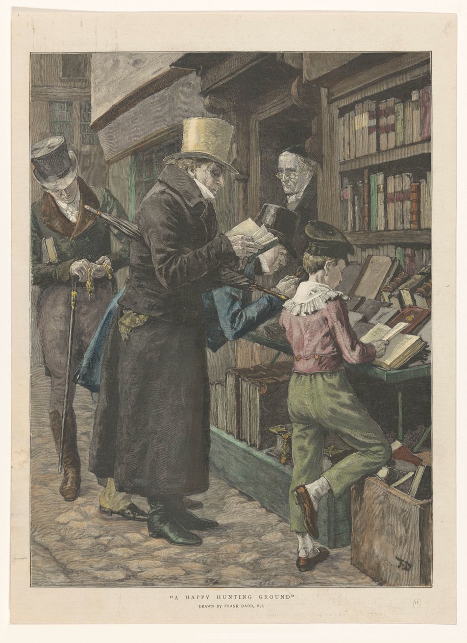 Três homens e um menino em frente a uma vitrine de livraria, o dono na porta Um campo de caça feliz (título no objeto) de Anonymous