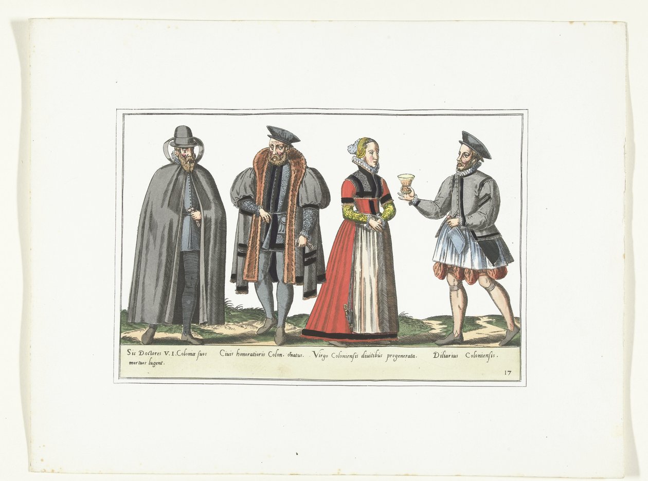 Três homens e uma mulher vestidos à moda alemã, c. 1580 Costumes Allemands (título no objeto) de Anonymous