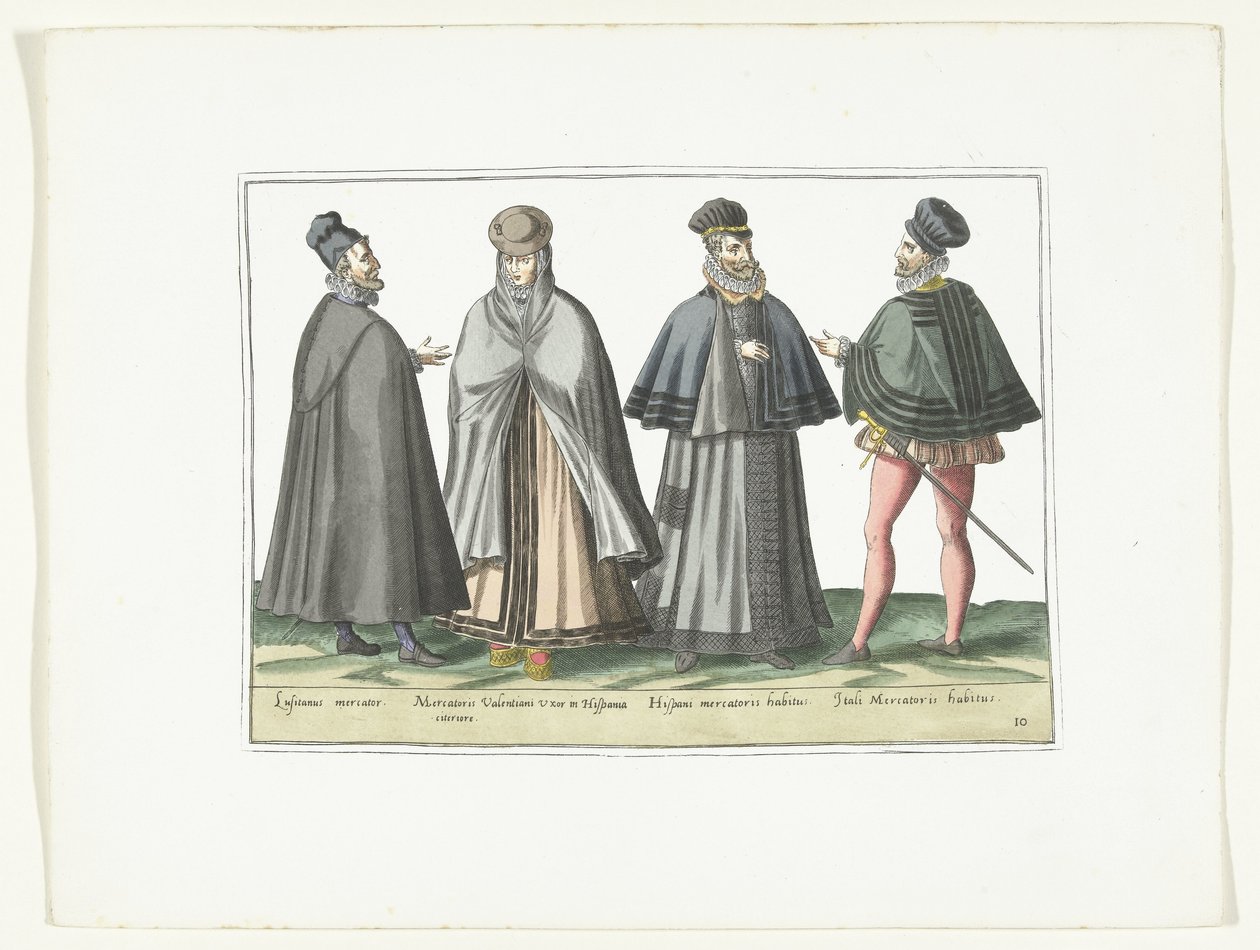 Três homens e uma mulher vestidos de acordo com a moda estrangeira, c. 1580
Modes étrangères (título sobre o objecto) de Anonymous