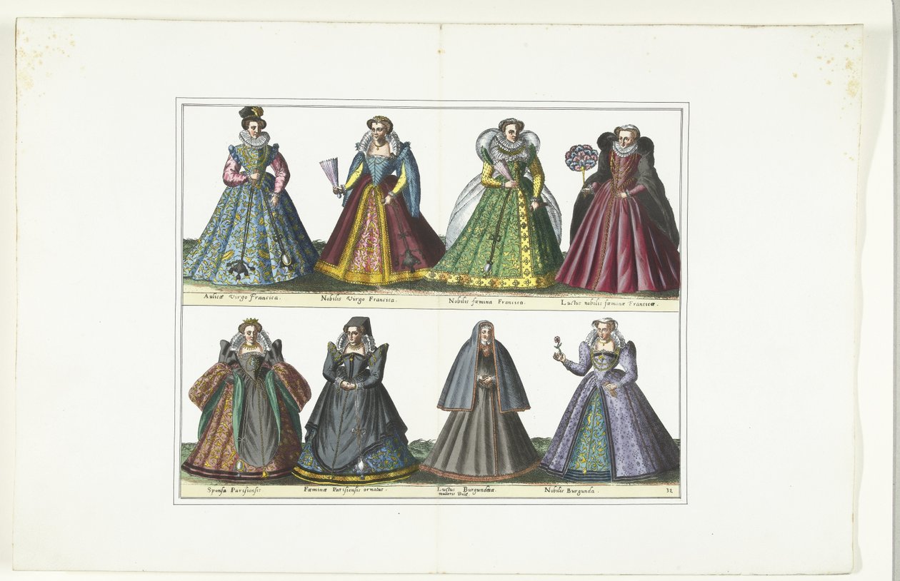 Placa dupla com oito mulheres vestidas à moda francesa, cerca de 1580 Costumes Français (título no objeto) de Anonymous