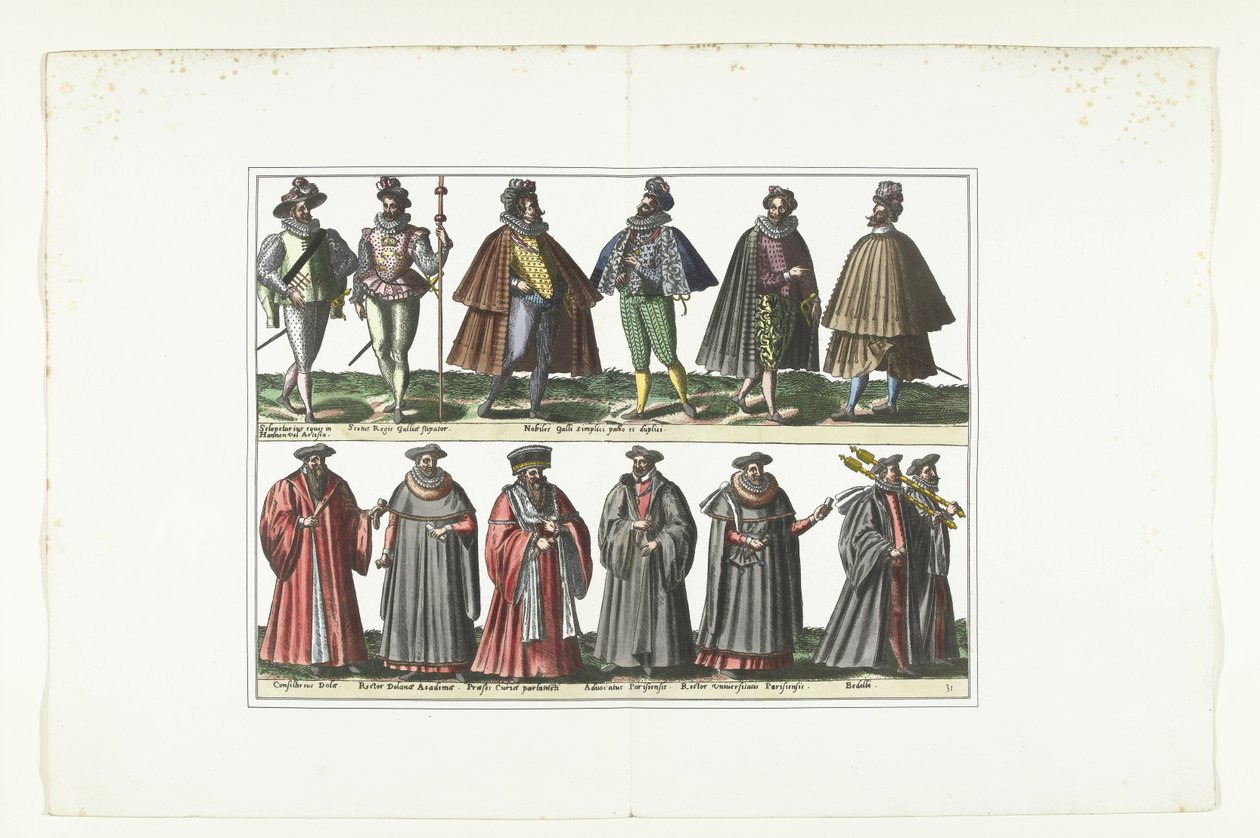 Prato duplo mostrando doze homens vestidos de acordo com a moda francesa, c. 1580
Figurinos Français (título sobre o objecto) de Anonymous