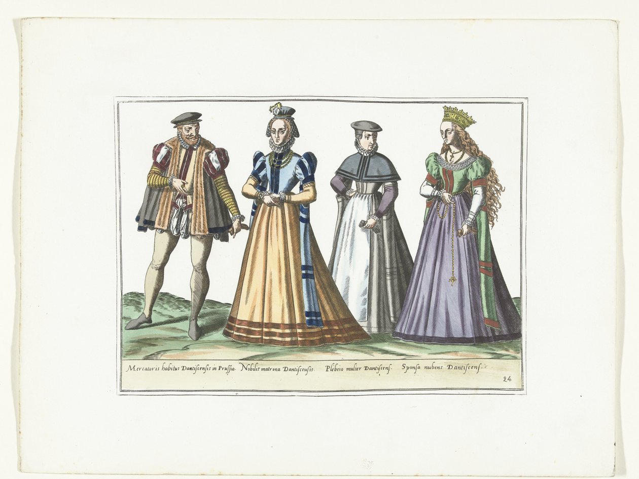 Um homem e três mulheres vestidos à moda alemã em Danzig, c. 1580 Costumes Allemands (título no objeto) de Anonymous