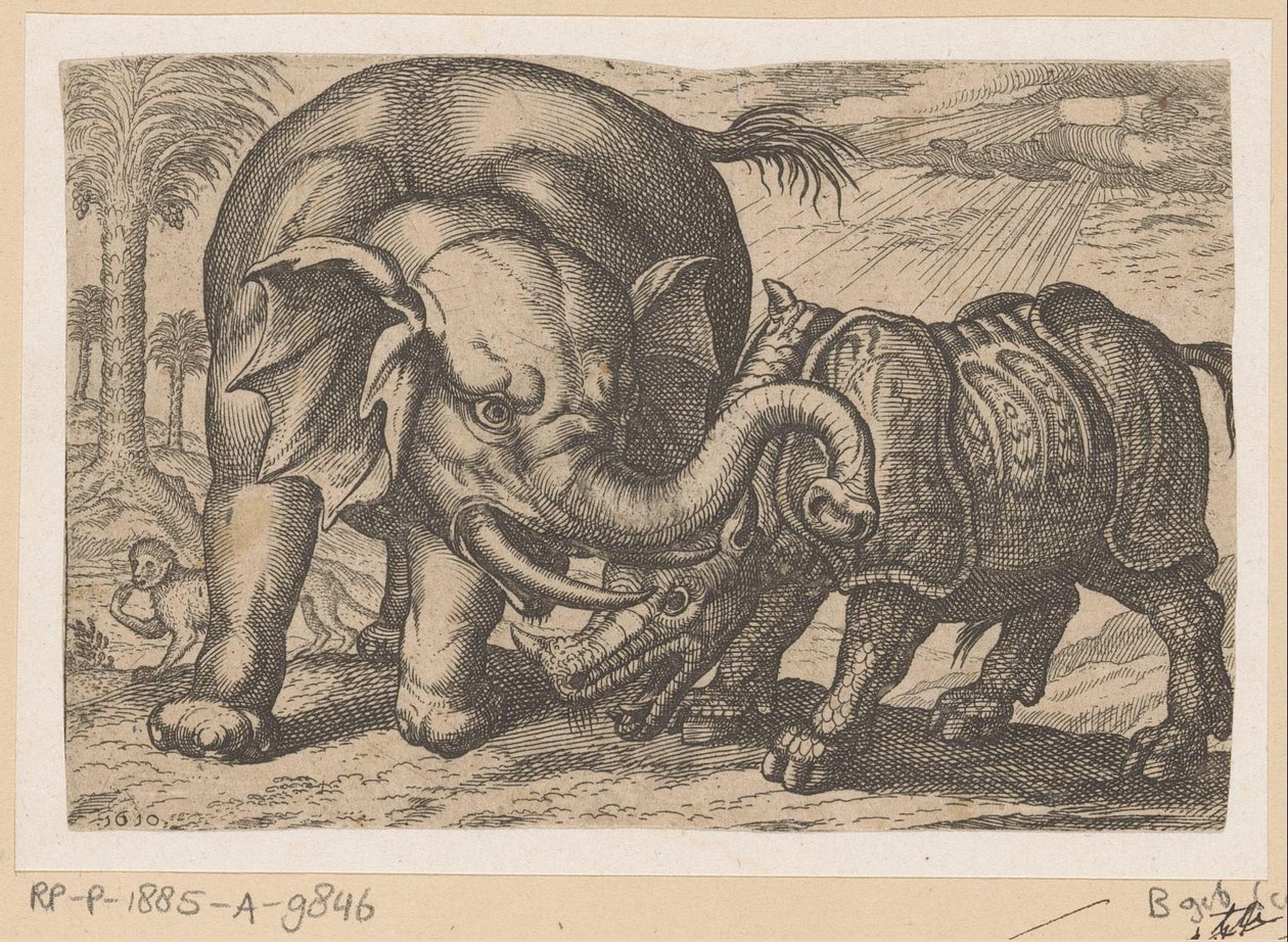 Um rinoceronte luta com um elefante Fighting Animals (cópias) (título da série) de Anonymous