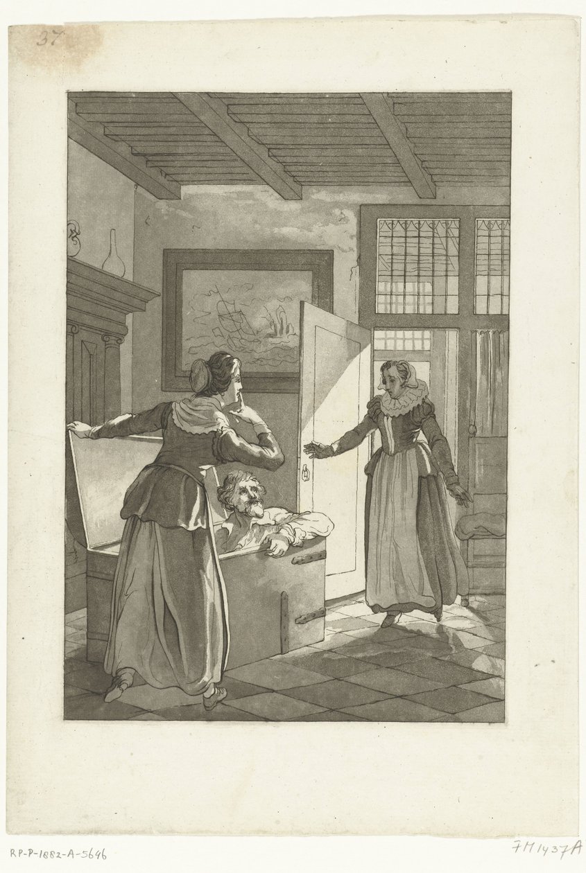 Elsje van Houweningen apanha Hugo de Groot na arca do livro, 1621 de Anonymous