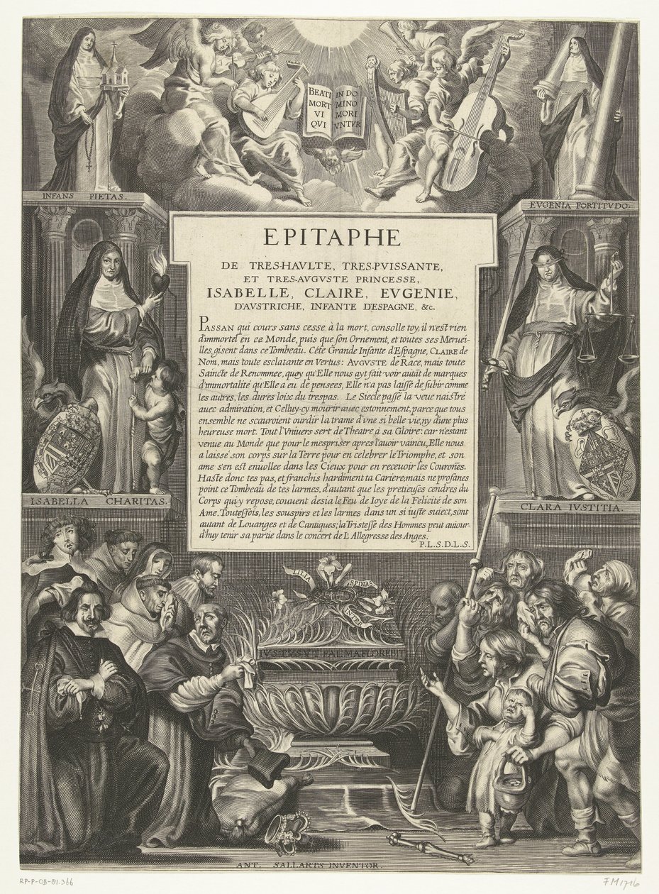 Epitaaf para Isabella Clara Eugenia, 1633 Epitáfio da Altíssimo, Poderoso e Augusto Princesa, Isabel, Claire, Eugenie, da Áustria, Infanta da Espanha, etc. (título no objeto) de Anonymous