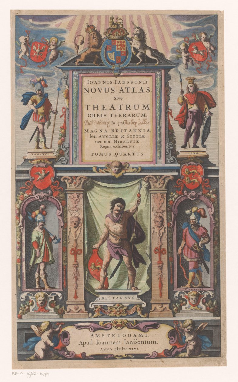 Fachada com personificações de cinco grupos populacionais Página de rosto para: Johannes Janssonius, Novus atlas, Sive theatrum (...) Tomus quartus, 1646 de Anonymous