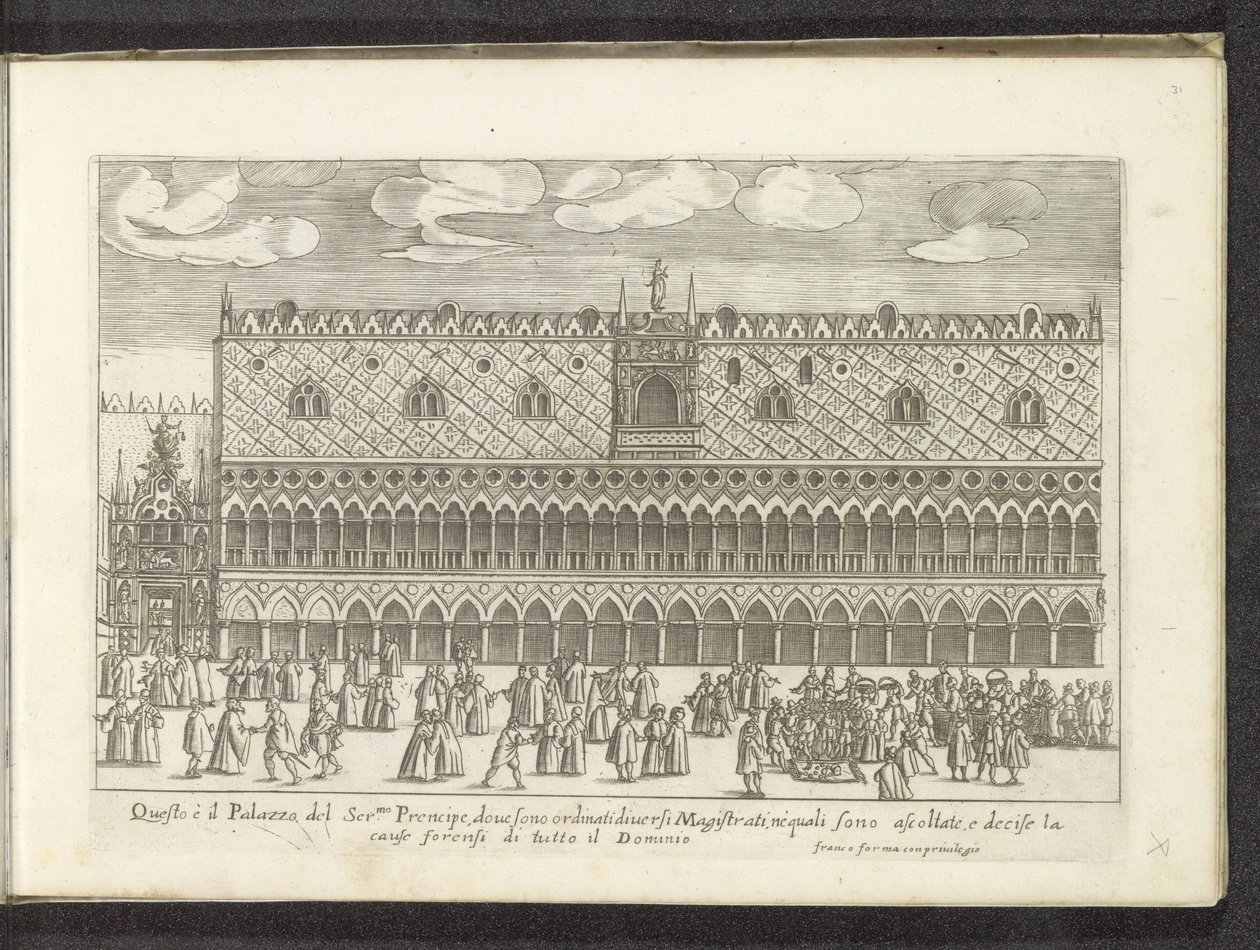 Fachada do Dogepaleis em Veneza Scènes uit het Venetiaanse leven (título da série) Hábitos masculinos e femininos venezianos com a procissão da Ser.ma Signoria E outros detalhes como triunfos, festas e cerimônias públicas da nobre cidade de Veneza de Anonymous
