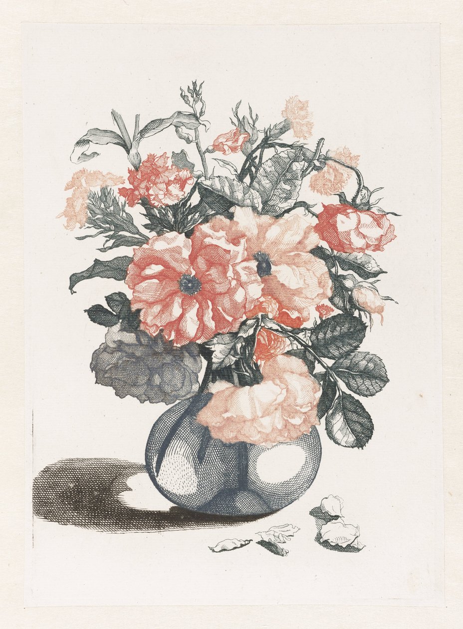 Cinco gravuras de flores em vasos de vidro Vaso de vidro com flores, ao lado pétalas de Anonymous