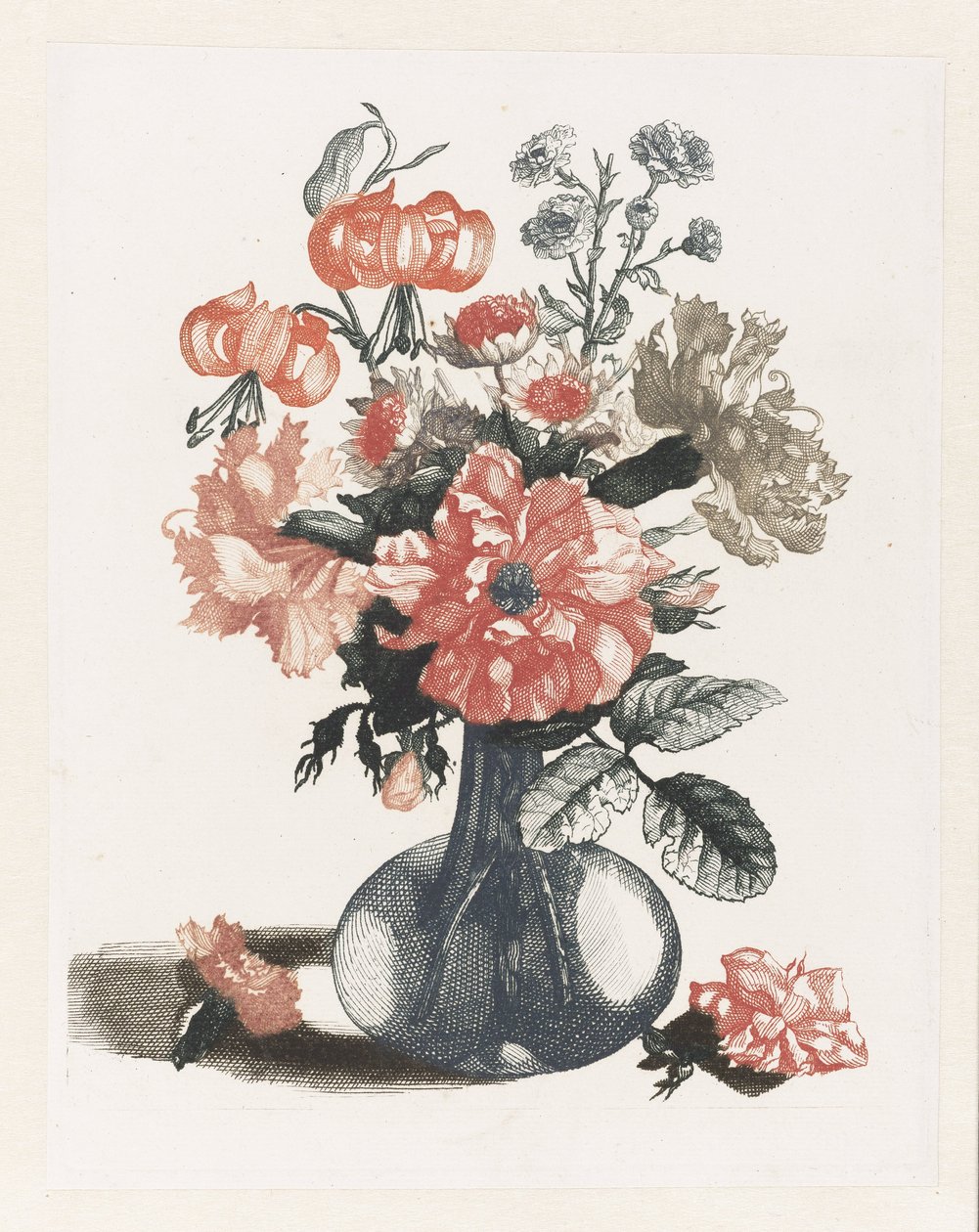 Cinco gravuras de flores em vasos de vidro Vaso de vidro com flores, ao lado do qual uma flor à esquerda e à direita de Anonymous