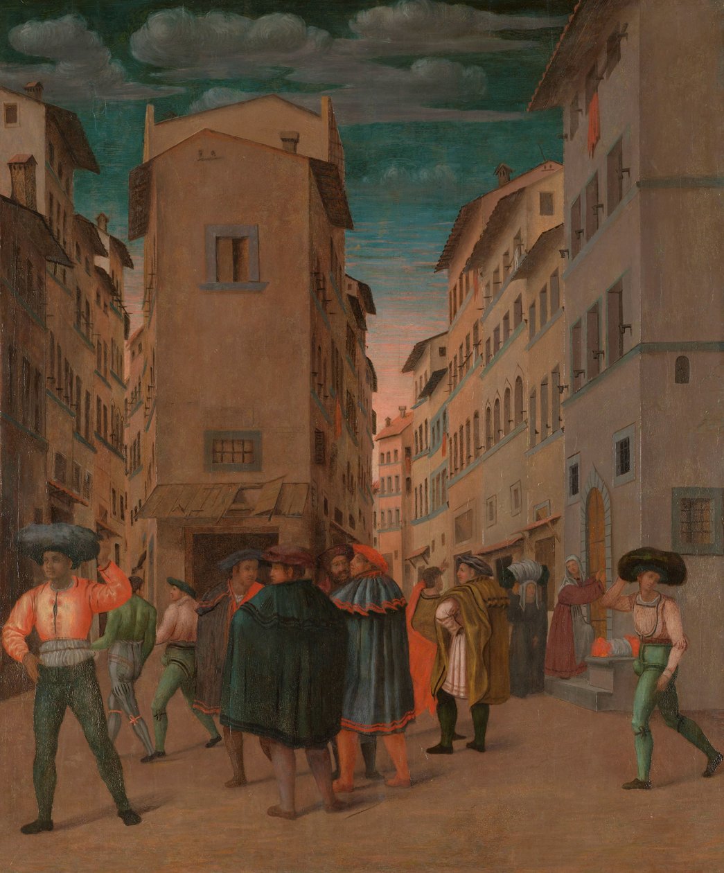 Cena de Rua Florentina com Doze Números (Sheltering the Traveler, uma das Sete Obras de Misericórdia) de Anonymous