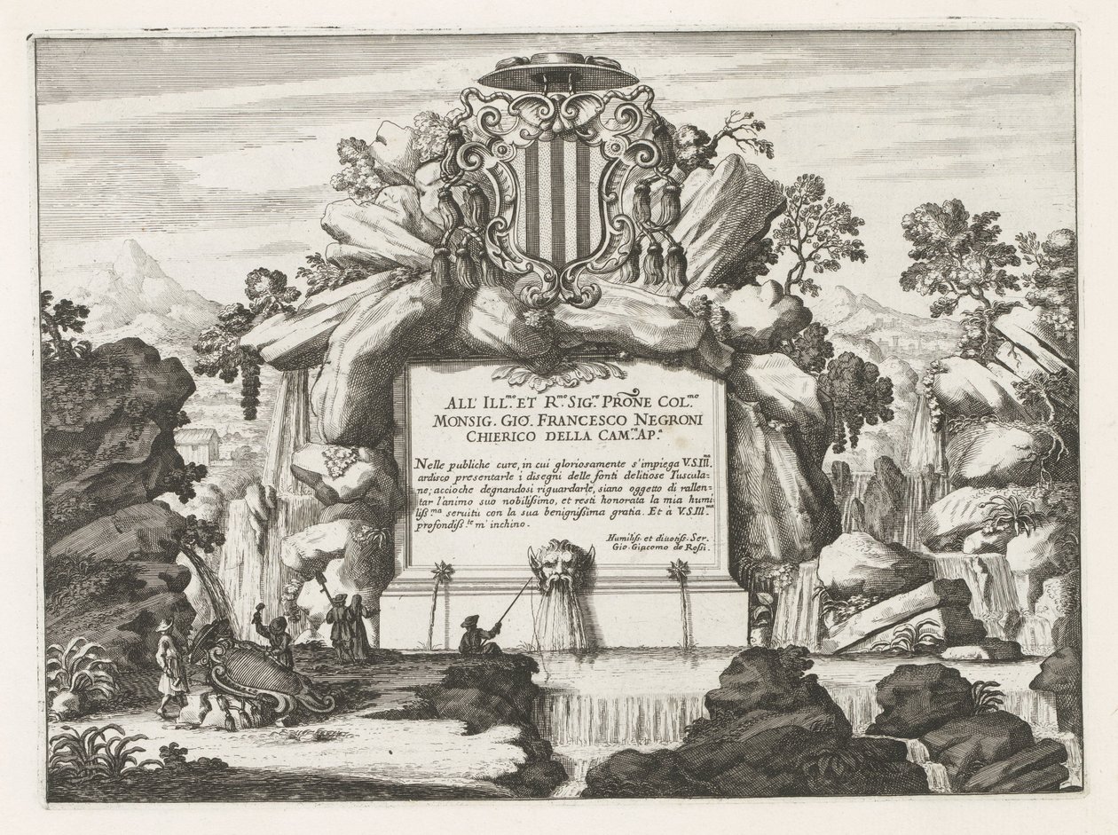 Fonte com dedicatória e brasão de Giovanni Francesco Negroni Fontane delle ville di Frascati (título da série) Fontes de Frascati (título da série) de Anonymous