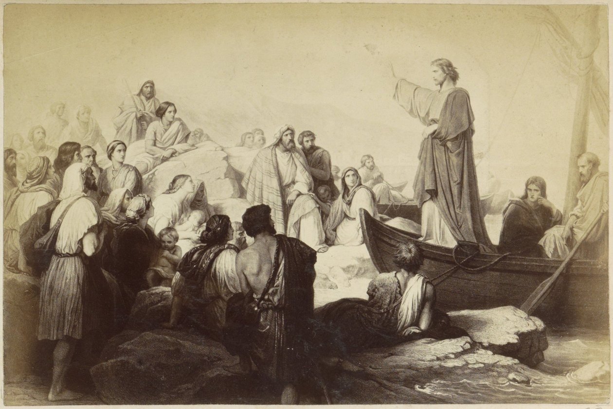 Reprodução fotográfica de (presumivelmente) uma impressão de Jesus pregando de um barco de Anonymous