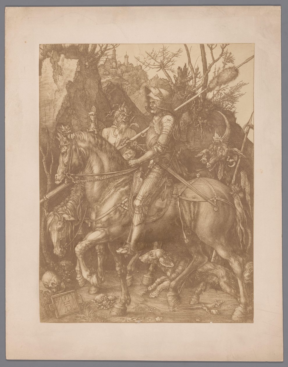 Reprodução fotográfica da gravura Cavaleiro, Morte e Diabo de Albrecht Dürer de Anonymous