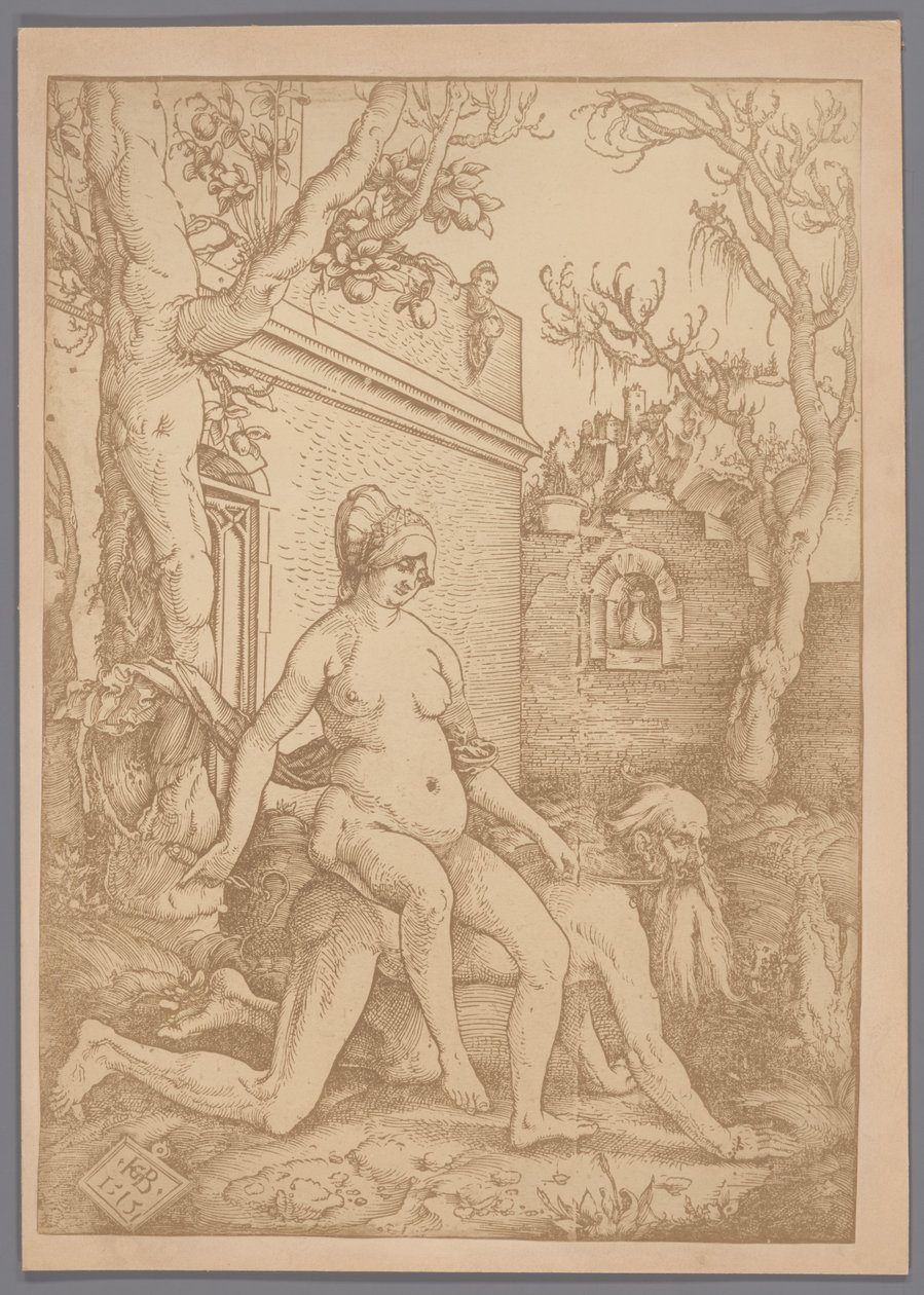 Fotoreprodução do corte de madeira Aristóteles e Phyllis por Hans Baldung Grien de Anonymous