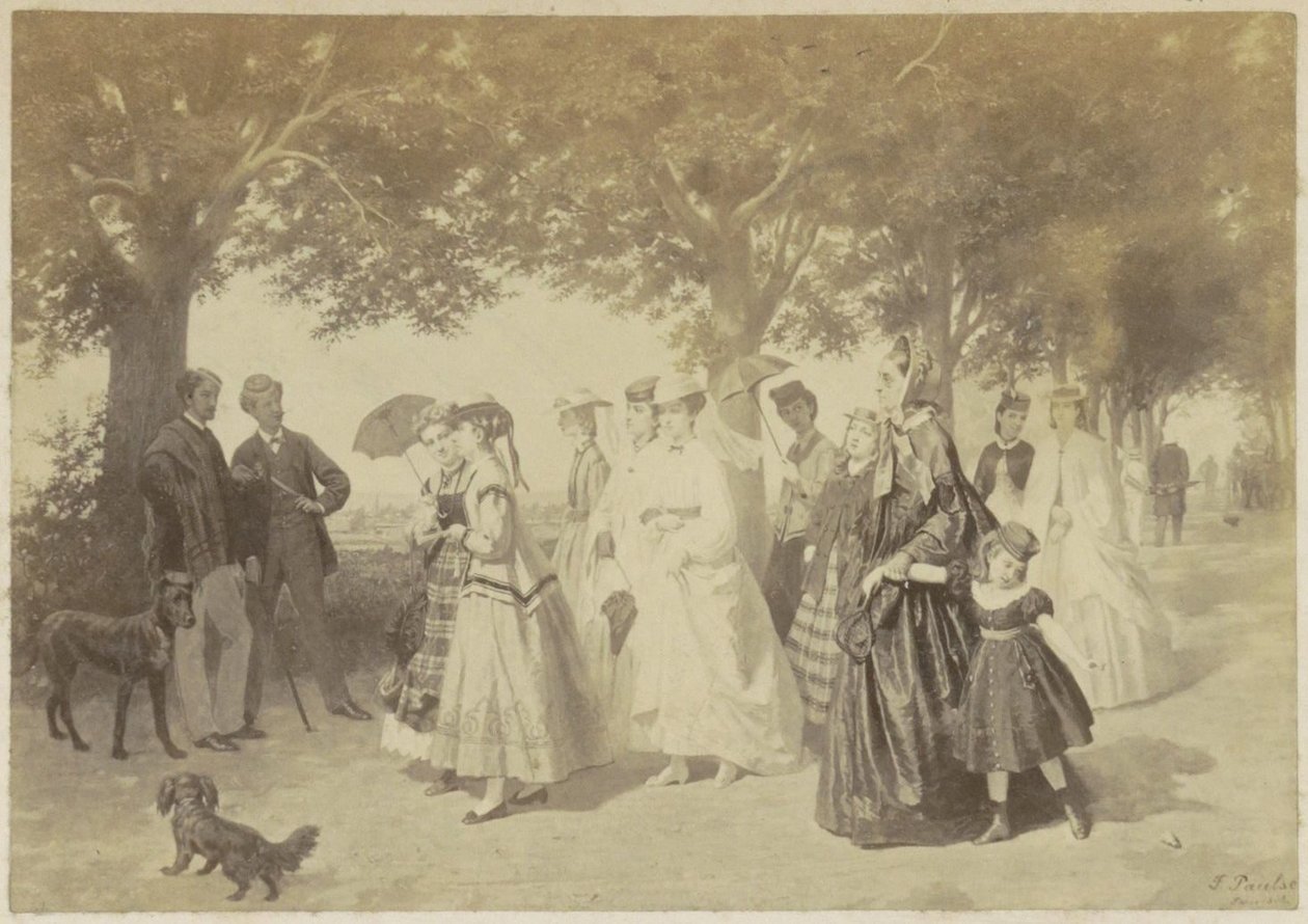 Reprodução fotográfica de uma pintura de mulheres e homens passeando em um parque de Anonymous