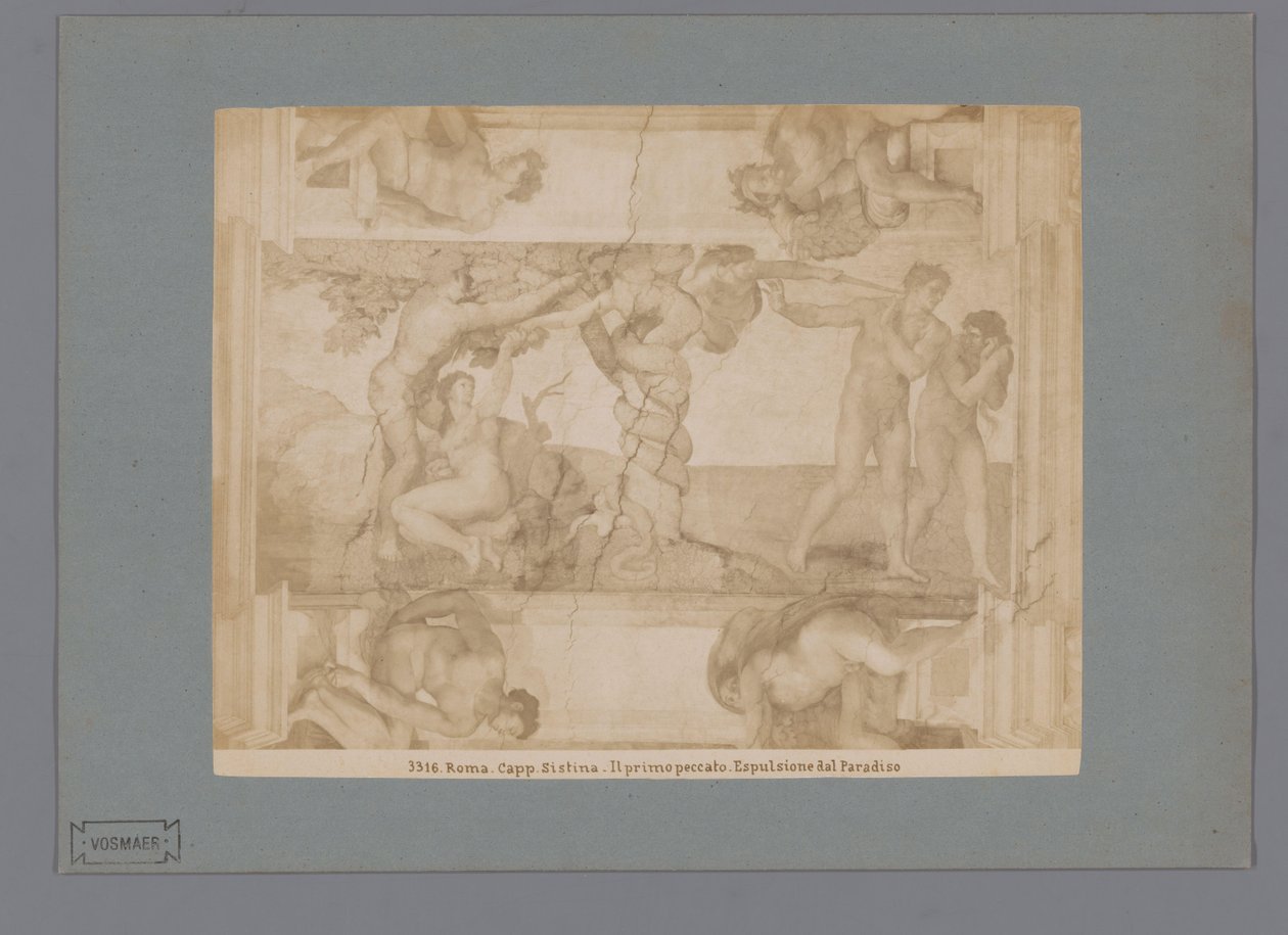 Reprodução fotográfica do afresco A Queda e Expulsão do Paraíso de Michelangelo na Capela Sistina Roma. cap. sistina. Il primo peccato. Espulsione dal Paradiso (título no objeto) de Anonymous