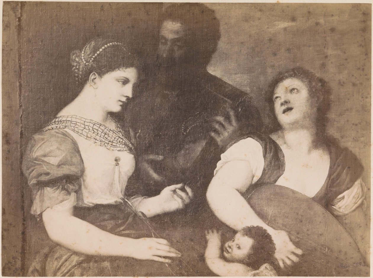Reprodução fotográfica da pintura Alegoria do amor segundo Ticiano Alegoria Tizian (título no objeto) kaiserl. Konigl. Galeria em Wien (título da série no objeto) de Anonymous