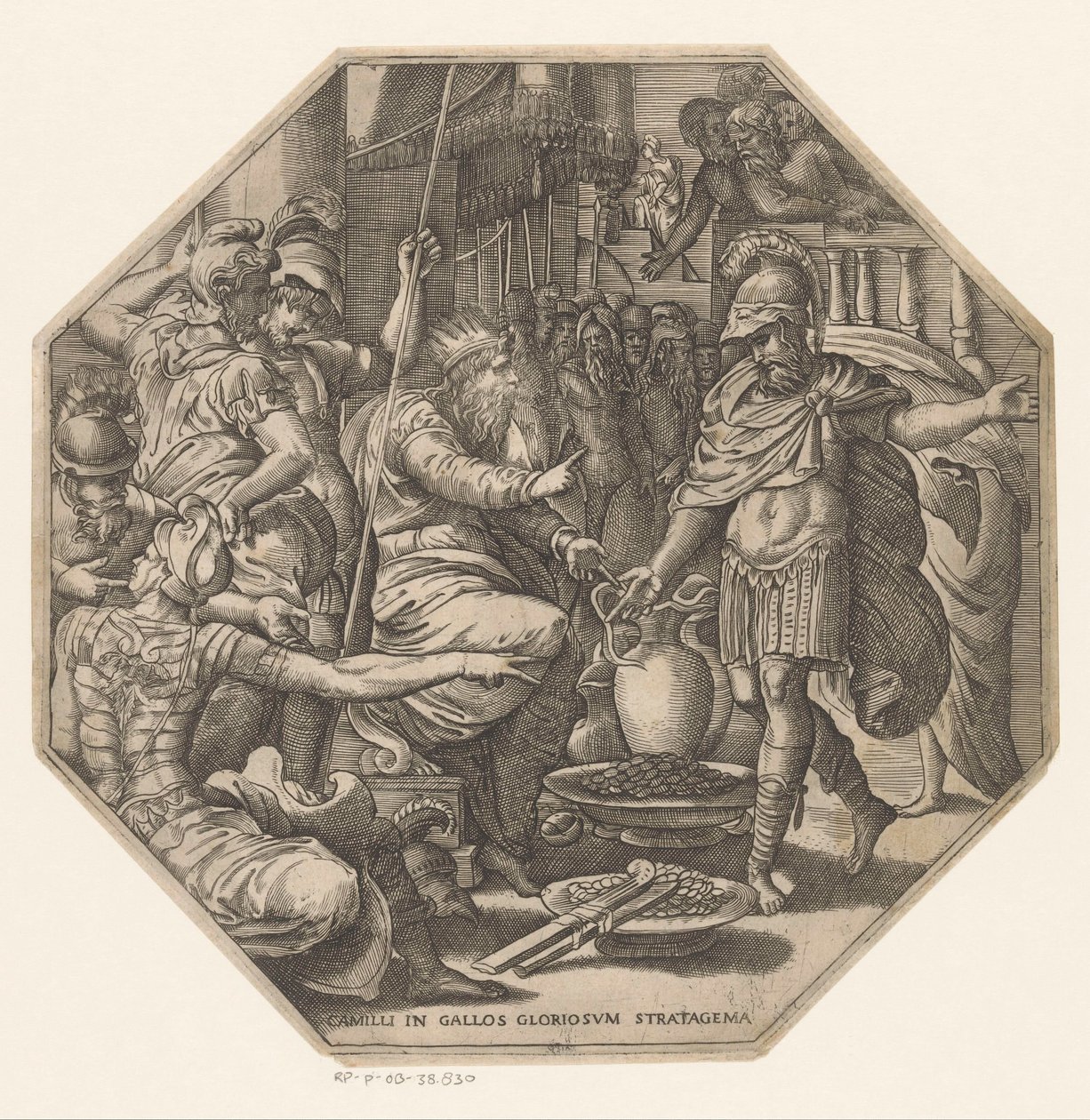 Furius Camillus perante um rei
Camilli in Gallos gloriosum stratagema (título sobre o objecto) de Anonymous