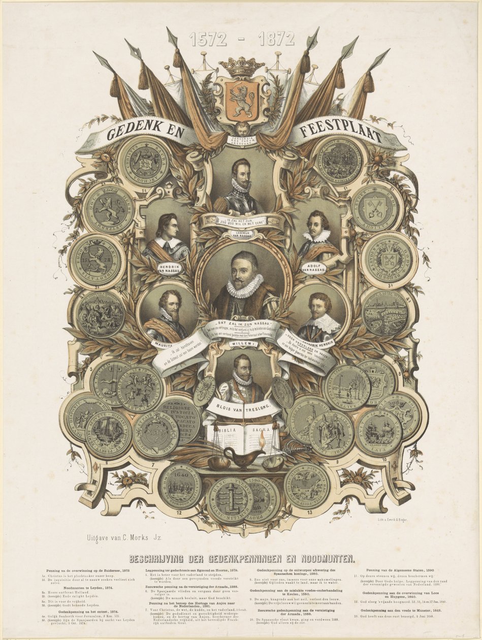 Placa comemorativa e festiva com retratos de William I, Príncipe de Orange, seus filhos Maurits e Frederik Hendrik, Príncipes de Orange, seus irmãos Lodewijk, Adolf e Hendrik, Condes de Nassau e Willem Bloys van Treslong de Anonymous