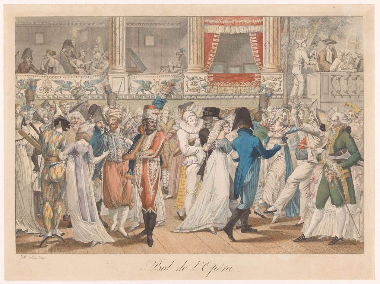 Bola Gekostumeerd
Bola de ópera (título sobre o objecto)
Cinco pinturas de trajes parisienses (título da série) de Anonymous