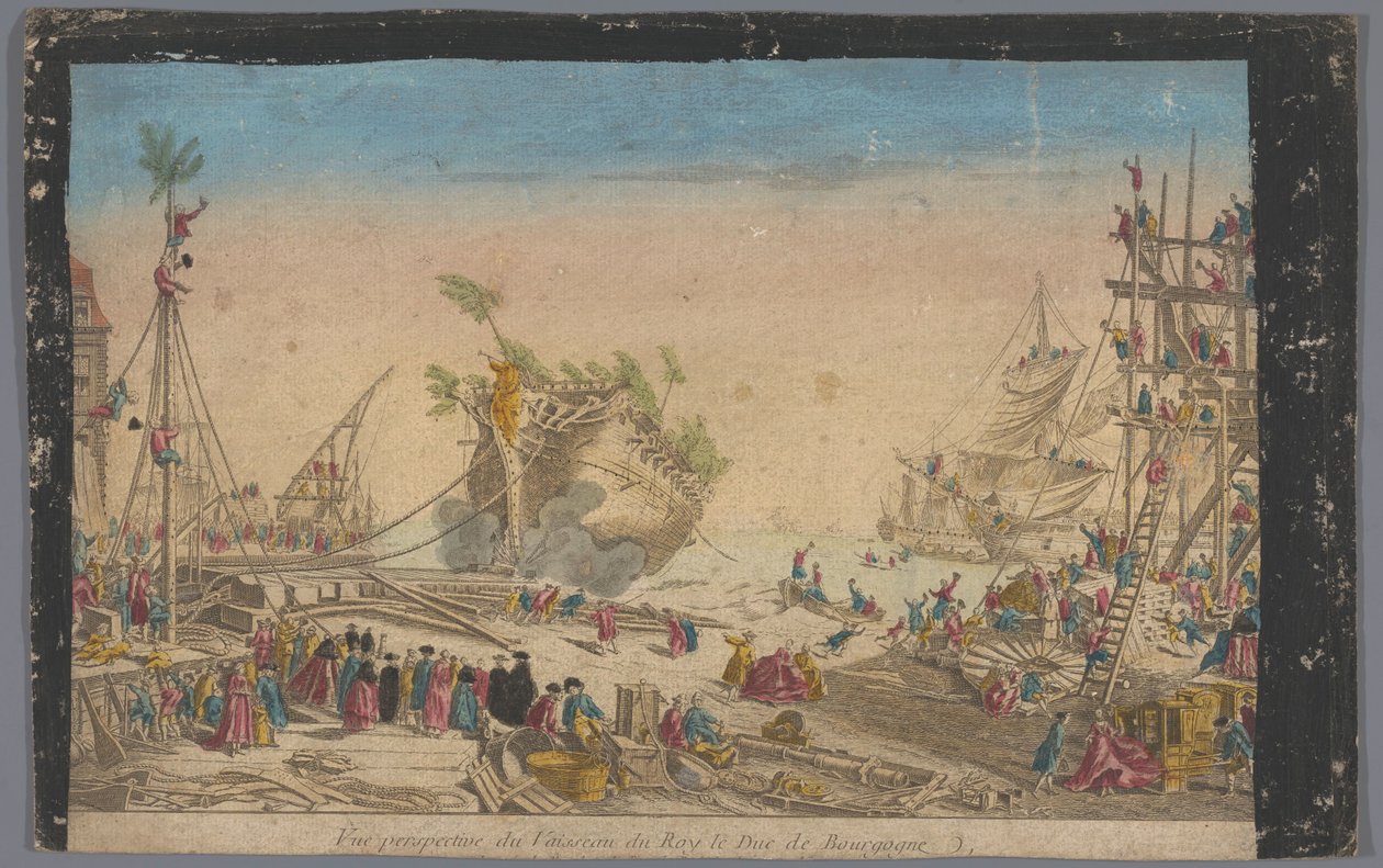 Vista do porto de Rochefort com o fim do navio Duc de Bourgogne em 20 de outubro de 1751 Vue perspective du vaisseau du roy le Duc de Bourgogne (título no objeto) de Anonymous