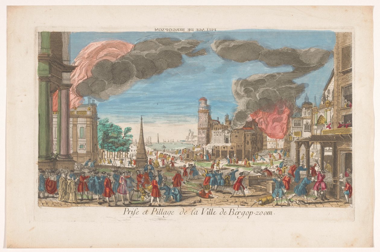 Vista da captura e saque de Bergen op Zoom pelos franceses em 1747 Pillage de Bergopzom (título no objeto) de Anonymous