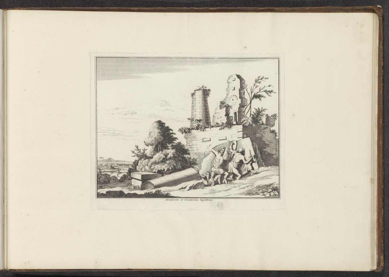 Vista das ruínas do túmulo do Horatii e do Curatii em Roma
Horatiorum et Curatiorum Sepulchrum (título sobre o objecto)
Palácios e monumentos em Veneza, Livorno, Nápoles e Roma (título da série) de Anonymous