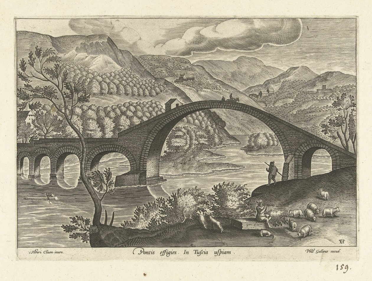 Gezicht op een brug na Toscana Um retrato da ponte. Em qualquer lugar da Toscana (título no objeto) Várias perspectivas das ruínas (título da série) de Anonymous