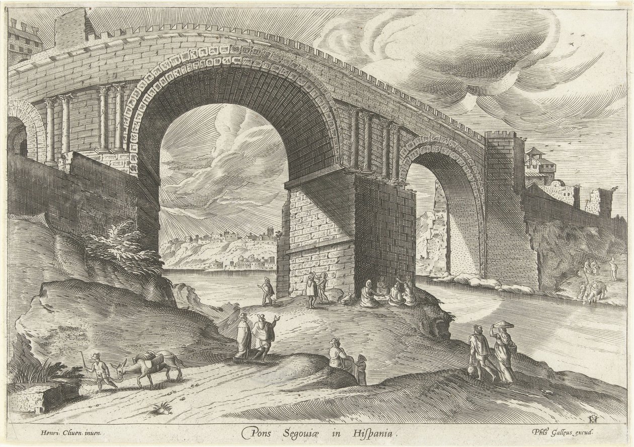 Vista de uma ponte da cidade de Segóvia
Pons Segouiae na Hispânia (título sobre o objecto)
Ruinarum varii prospectus (título da série) de Anonymous