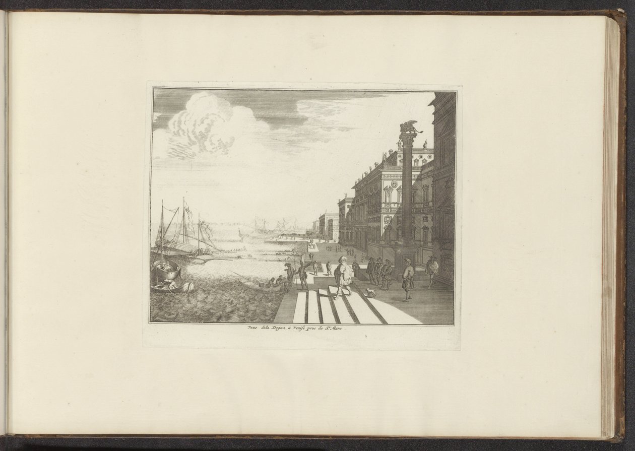 Vista de um cais em Veneza com o leão de São Marcos em uma coluna Veue dela Dogna à Venise pres de St. Marc (título no objeto) Palácios e Monumentos em Veneza, Livorno, Nápoles e Roma (título da série) de Anonymous
