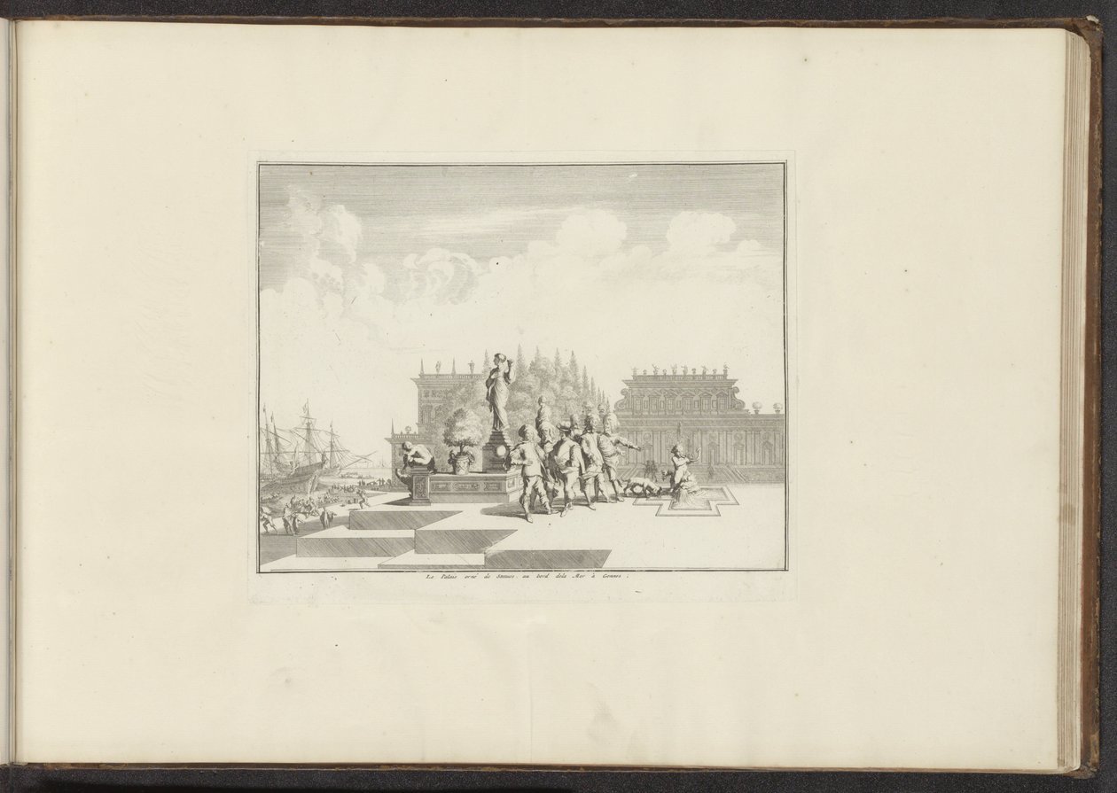 Vista de um palácio e estátuas à beira-mar em Gênova Le Palais orné de Statues, au bord dela Mer à Gennes (título no objeto) Palácios e Monumentos em Veneza, Livorno, Nápoles e Roma (título da série) de Anonymous