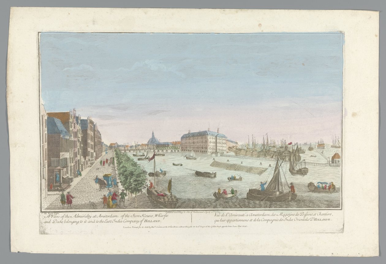 Gezicht op het Admiraliteitsmagazijn te Amsterdam Uma vista do Almirantado em Amsterdã, dos armazéns, cais e docas, pertencentes a ele e à Companhia das Índias Orientais da Holanda (título no objeto) de Anonymous