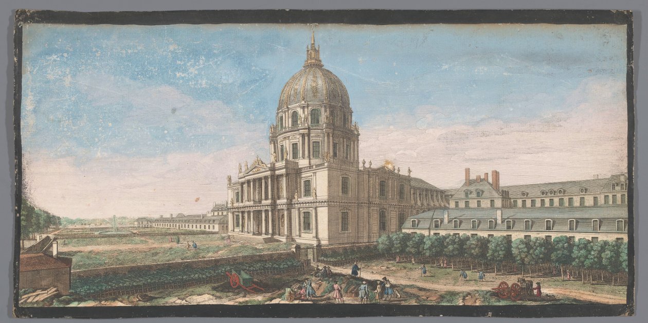 Gezicht op het Hotel des Invalides te Parijs Vista do frontispício da cúpula da igreja e parte dos edifícios do Hôtel Royal des Invalides (título no objeto) de Anonymous