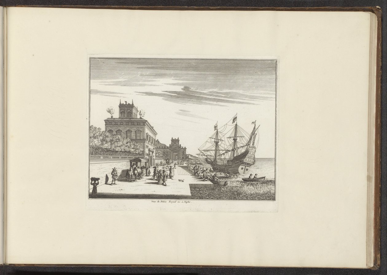 Vista do Palácio Real à beira-mar em Nápoles Veue du Palais Royael &c: à Naples (título no objeto) Palácios e Monumentos em Veneza, Livorno, Nápoles e Roma (título da série) de Anonymous