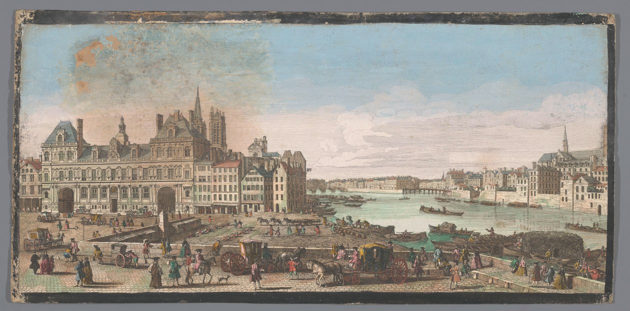 Gezicht op het Stadhuis en de rivier de Seine te Parijs
Vista da Câmara Municipal de Paris. Onde vemos à distância a Pont Marie e a Pont de Bois conhecida como a Pont Rouge (título sobre o objecto) de Anonymous