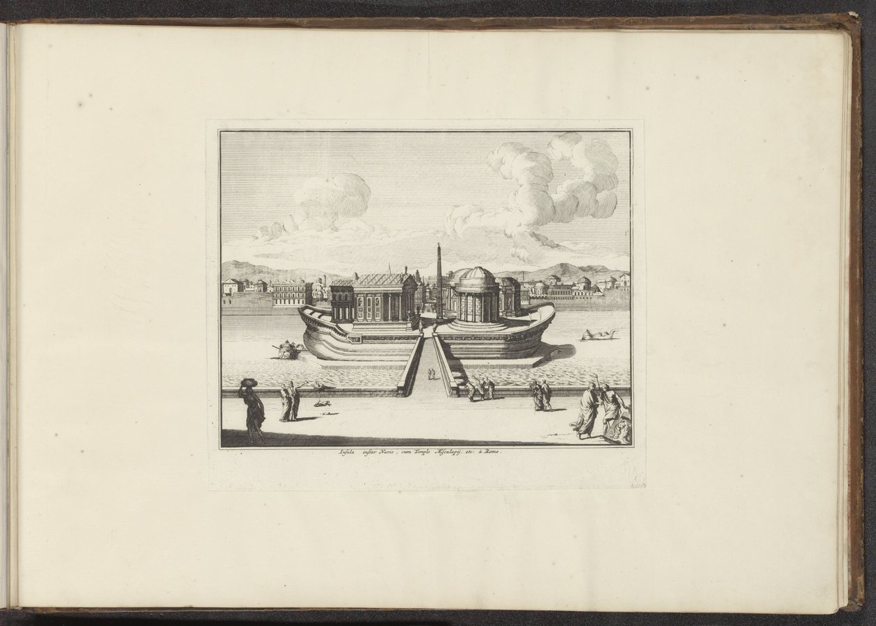 Vista da Ilha do Tibre em Roma
Insula instar Navis, cum Templo Aesculapij. etc: à Rome (título sobre o objecto)
Palácios e monumentos em Veneza, Livorno, Nápoles e Roma (título da série) de Anonymous