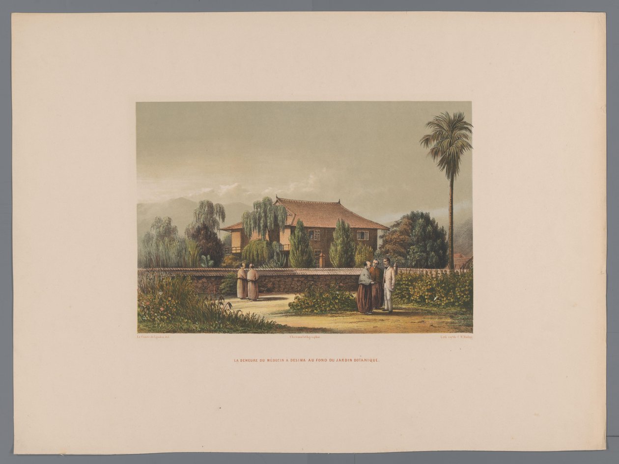 Vista da casa do médico de Deshima, com o jardim botânico em primeiro plano La demeure du médecin à Desima au fond du jardin botanique (título no objeto) Souvenir du Japon vues d