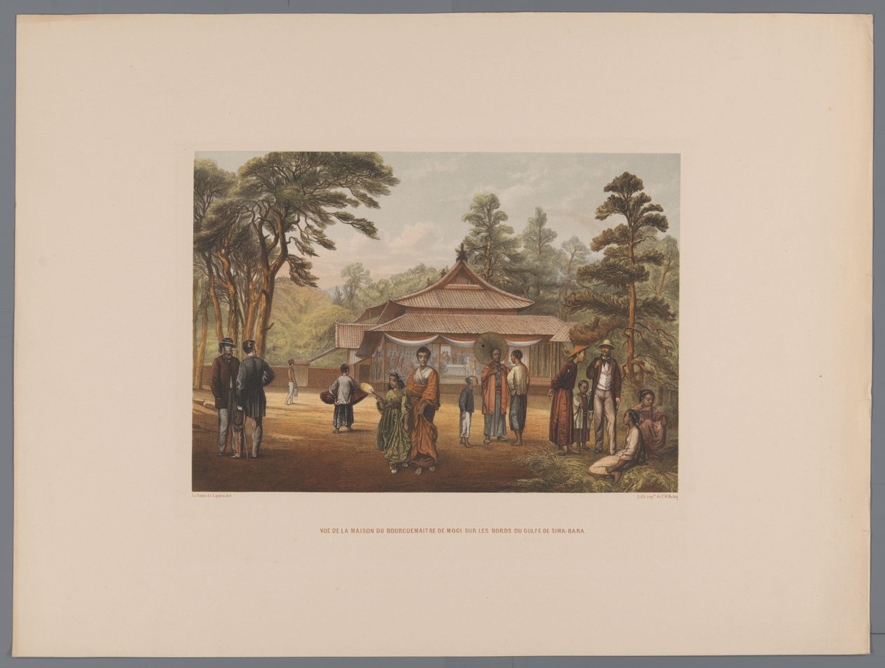 Gezicht op het huis van de burgemeester van Mogi Vista da casa de Bourcuemaitre de Moci nas margens do Golfo de Sima-Bara (título no objeto) Lembrança do Japão vistas da natureza com texto do Conde de Lijnden (título da série no objeto) de Anonymous