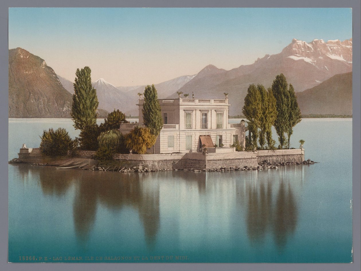 Vista da Île de Salagnon no Lago Genebra, ao fundo os Dents du Midi lac Léman, Ile de Salagnon et la Dent du Midi (título no objeto) de Anonymous