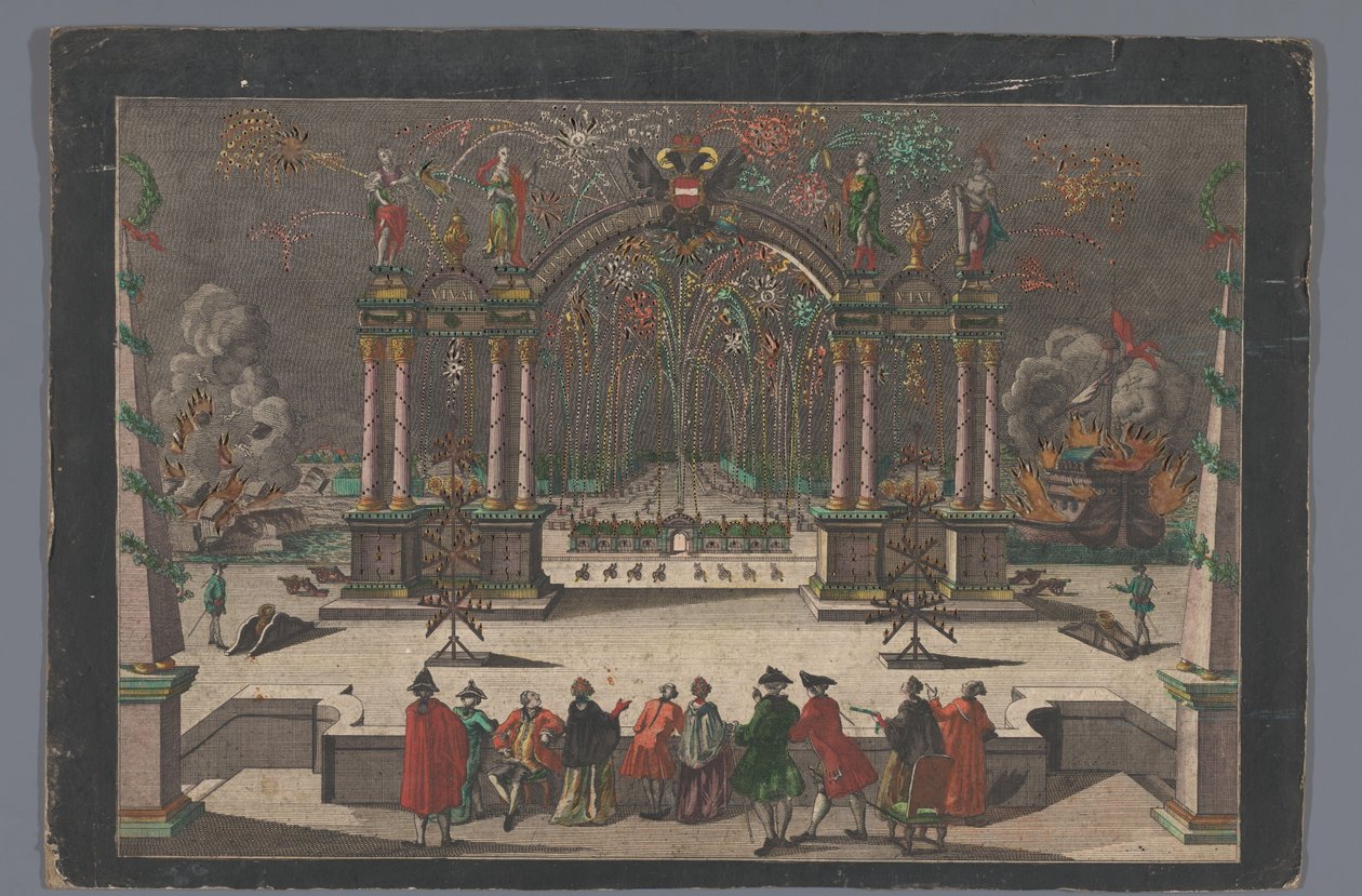 Vista de fogo de artifício e arco triunfal com uma águia de cabeça dupla e o nome de José II, imperador alemão de Anonymous