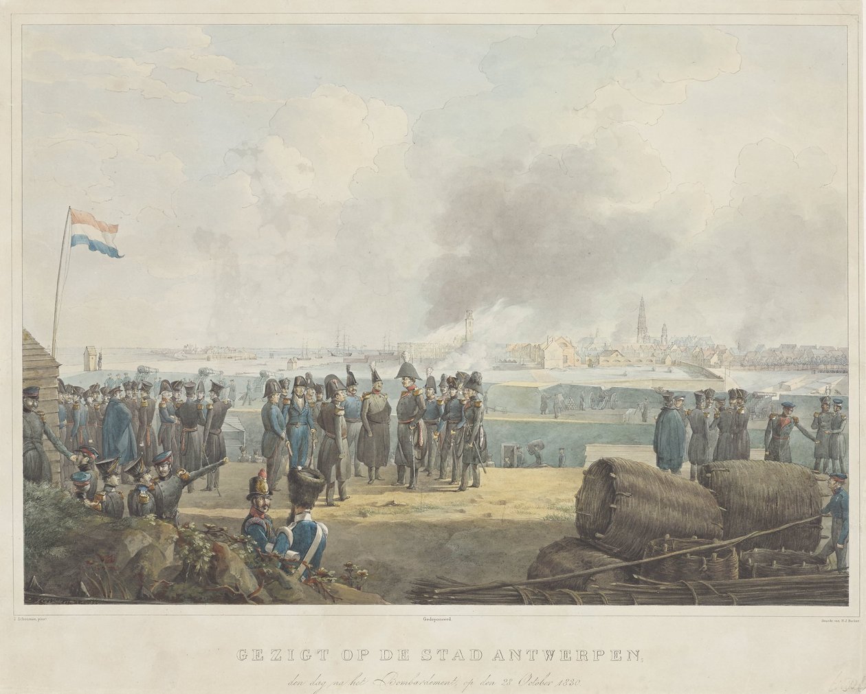 Vista da cidade de Antuérpia, no dia seguinte ao bombardeamento, em 28 de Outubro de 1830 (título sobre o objecto) de Anonymous