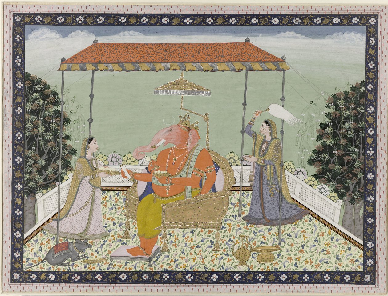 Deus Ganesha (Ganapati) com tromba de elefante com suas duas servas Siddhi e Buddhi sentados sob uma varanda de Anonymous