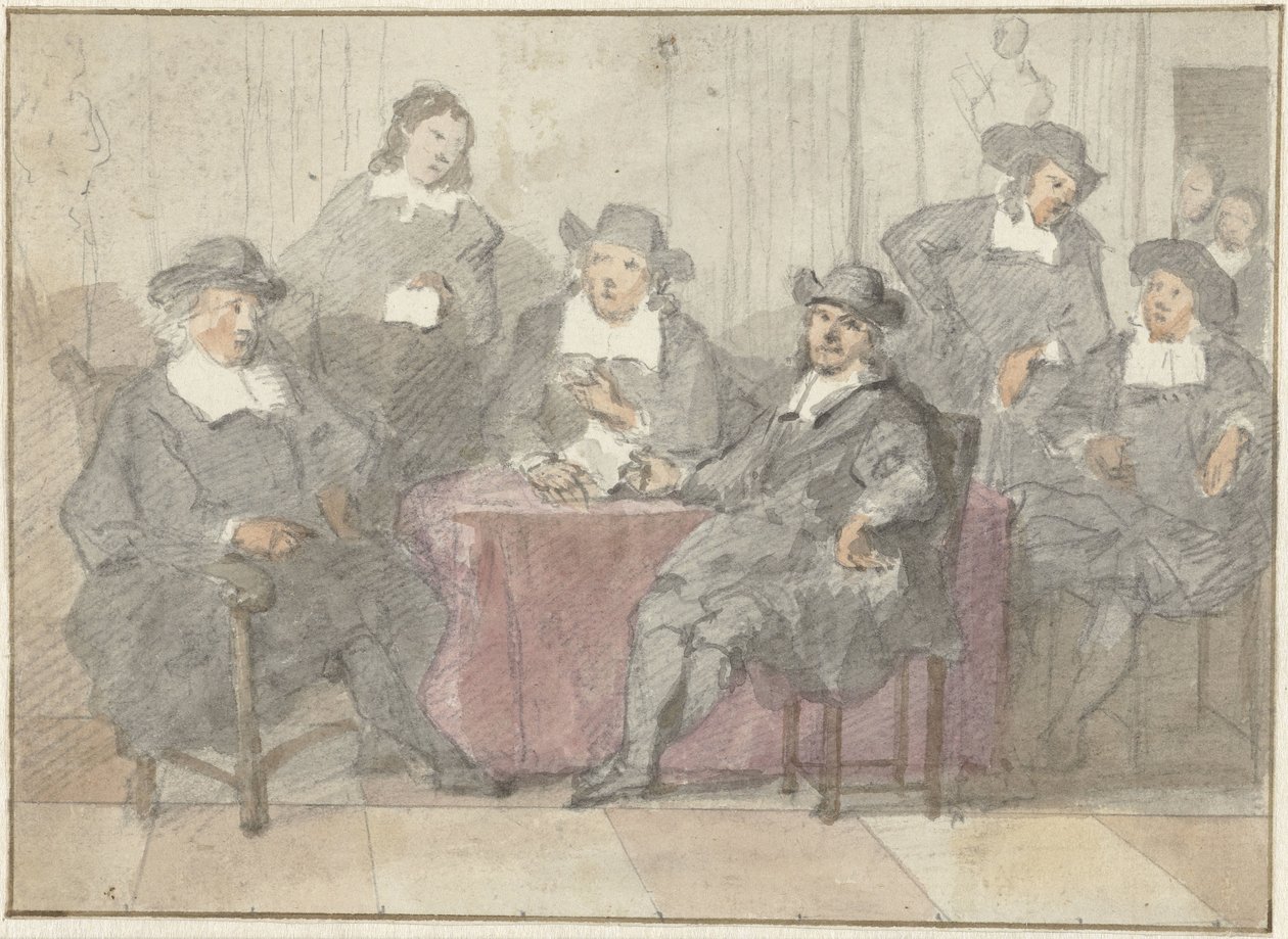 Retrato de grupo de seis cavalheiros sentados e em pé ao redor de uma mesa de Anonymous