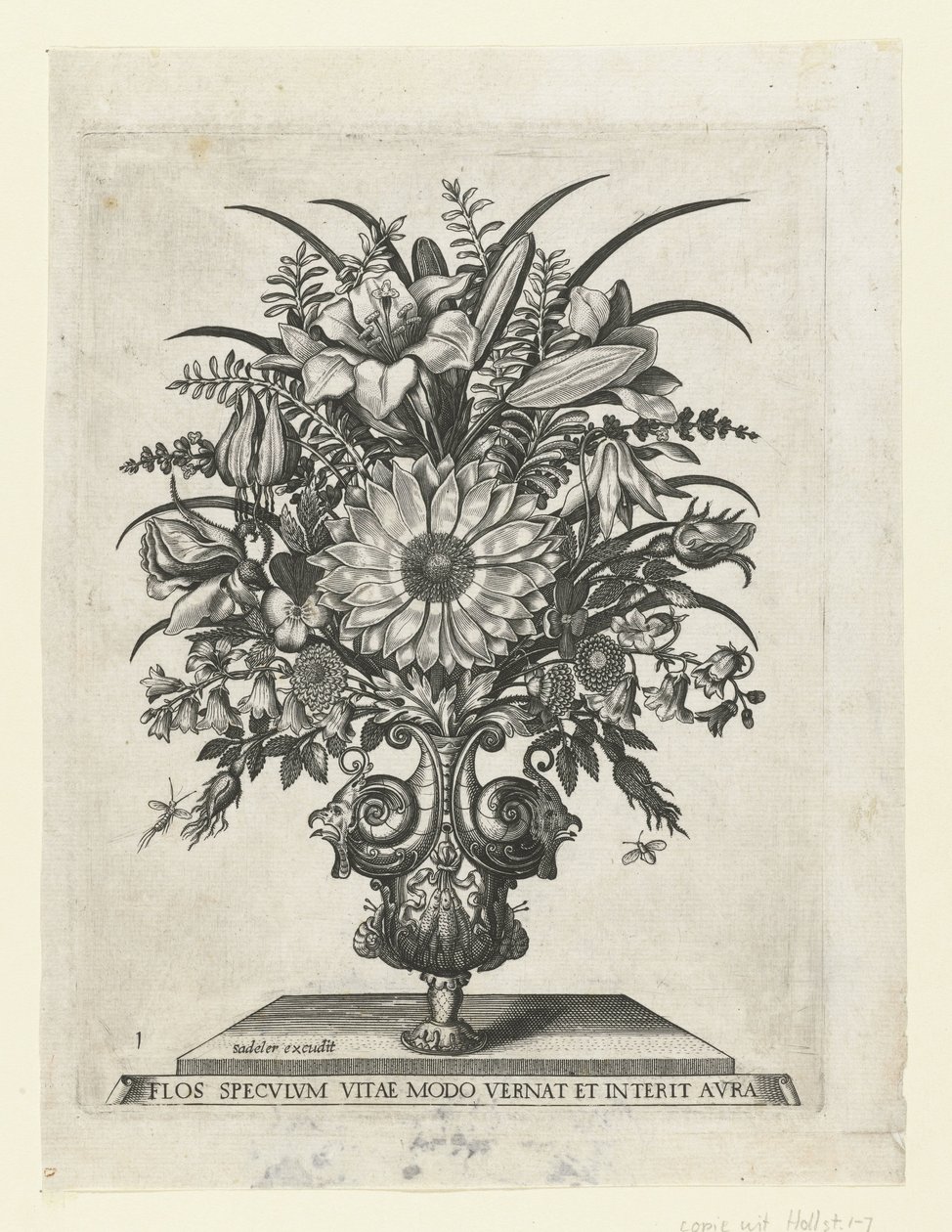 Grotesca jarra com flores, incluindo um girassol
Vasos com flores (título da série) de Anonymous
