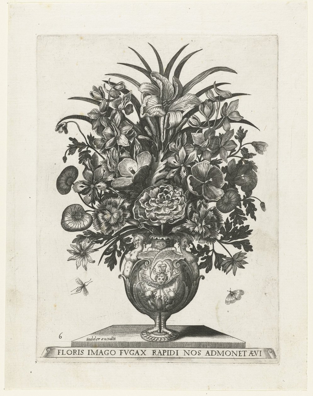Vaso grotesco com um querubim e guirlandas Vasos com flores (título da série) de Anonymous